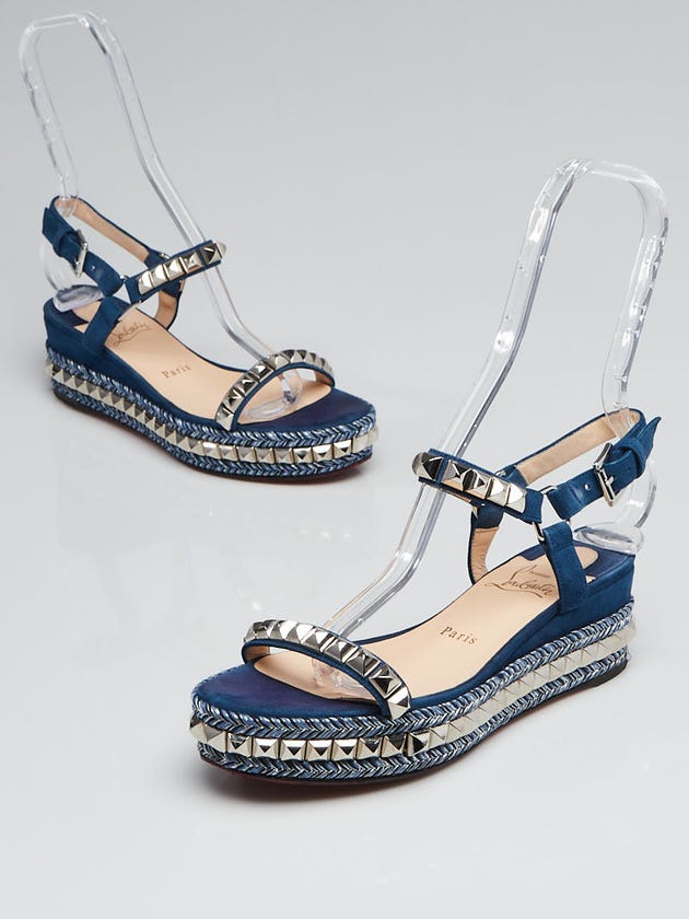 Christian Louboutin Blue Studded Suede Cataclou Platform Espadrille Sandals Size 6.5/37
