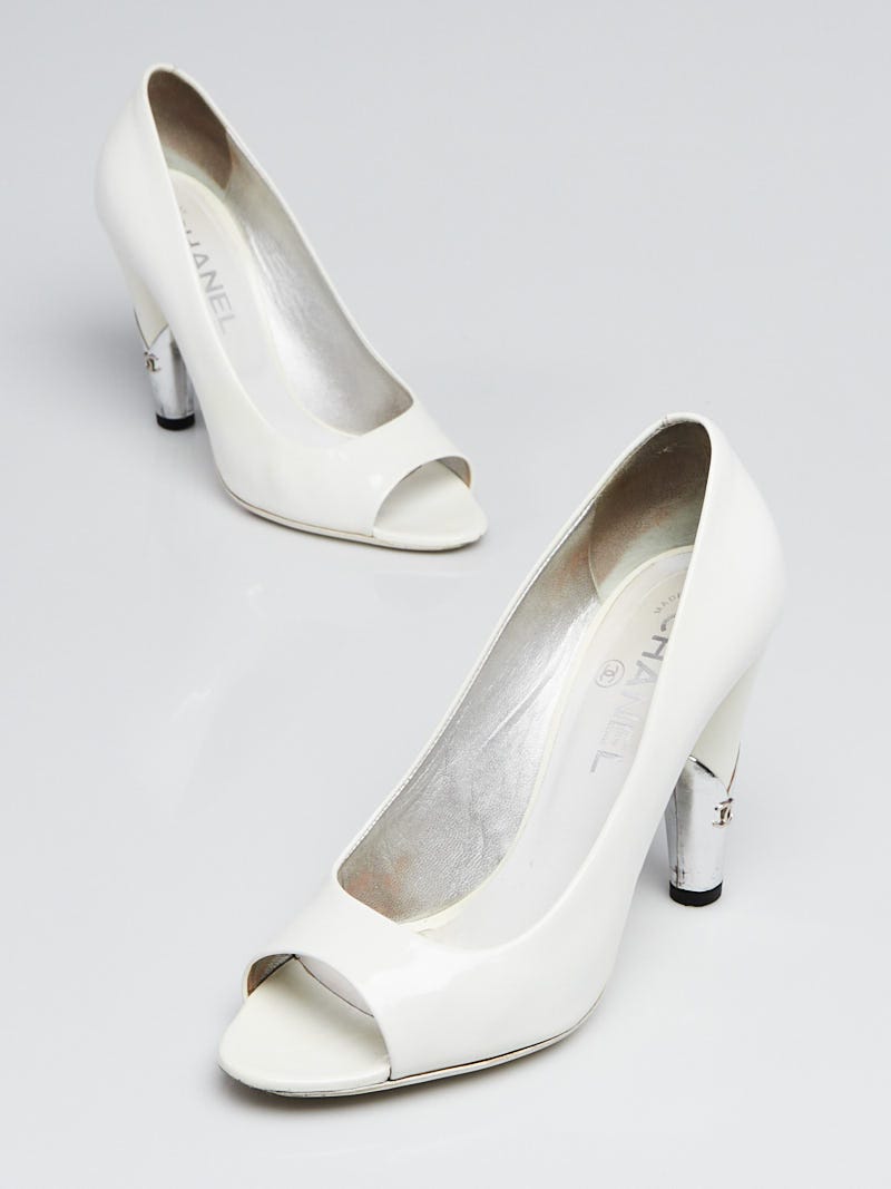 Chanel White Patent Leather Peep Toe Pumps Size 6.5/37 - Yoogi's Closet