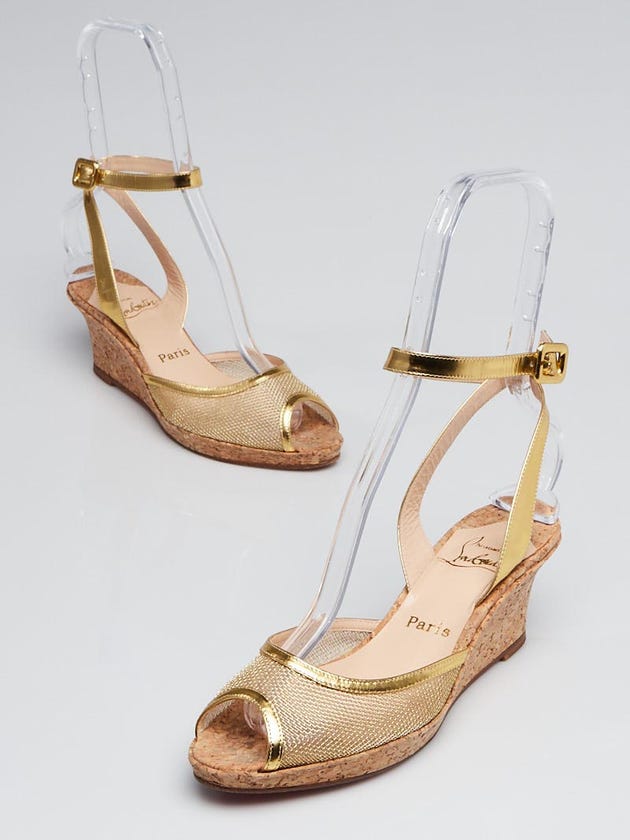 Christian Louboutin Gold Mesh Leather and Cork Sandalo Peep-Toe Wedges Size 7/37.6