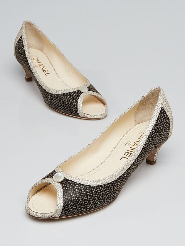 Chanel Black/Silver Mesh Leather Peep-Toe Kitten Heel Pumps Size 7/37.5