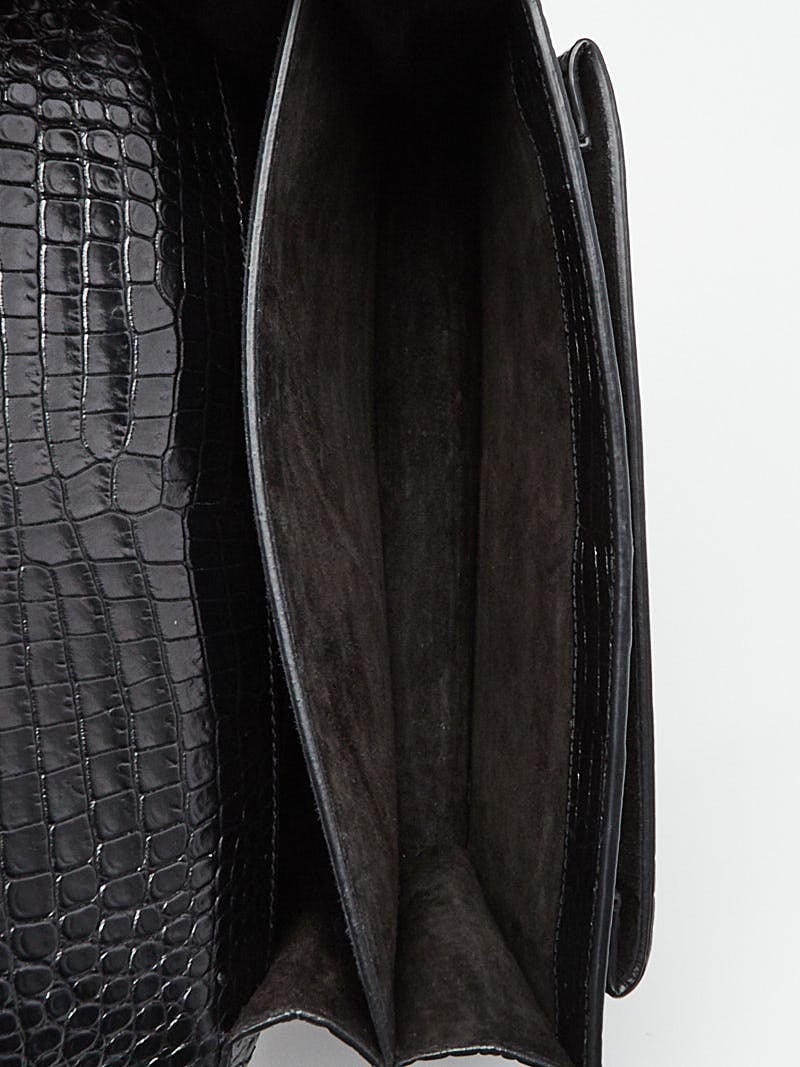 MEDIUM SUNSET BAG IN BLACK CROCODILE EMBOSSED SHINY LEATHER $2290