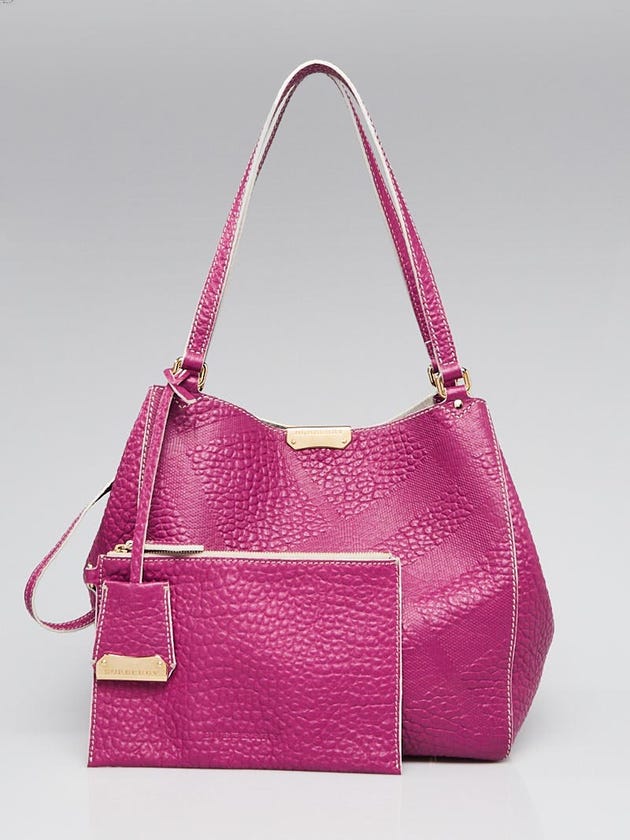Burberry Light Magenta Pink Embossed Check Leather Small Canterbury Tote Bag
