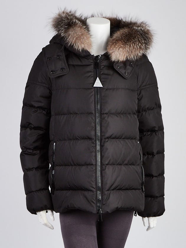 Moncler Black Nylon Quilted Down and Fox Fur Trim Hood Chitalpa Short Jacket Size 3/L
