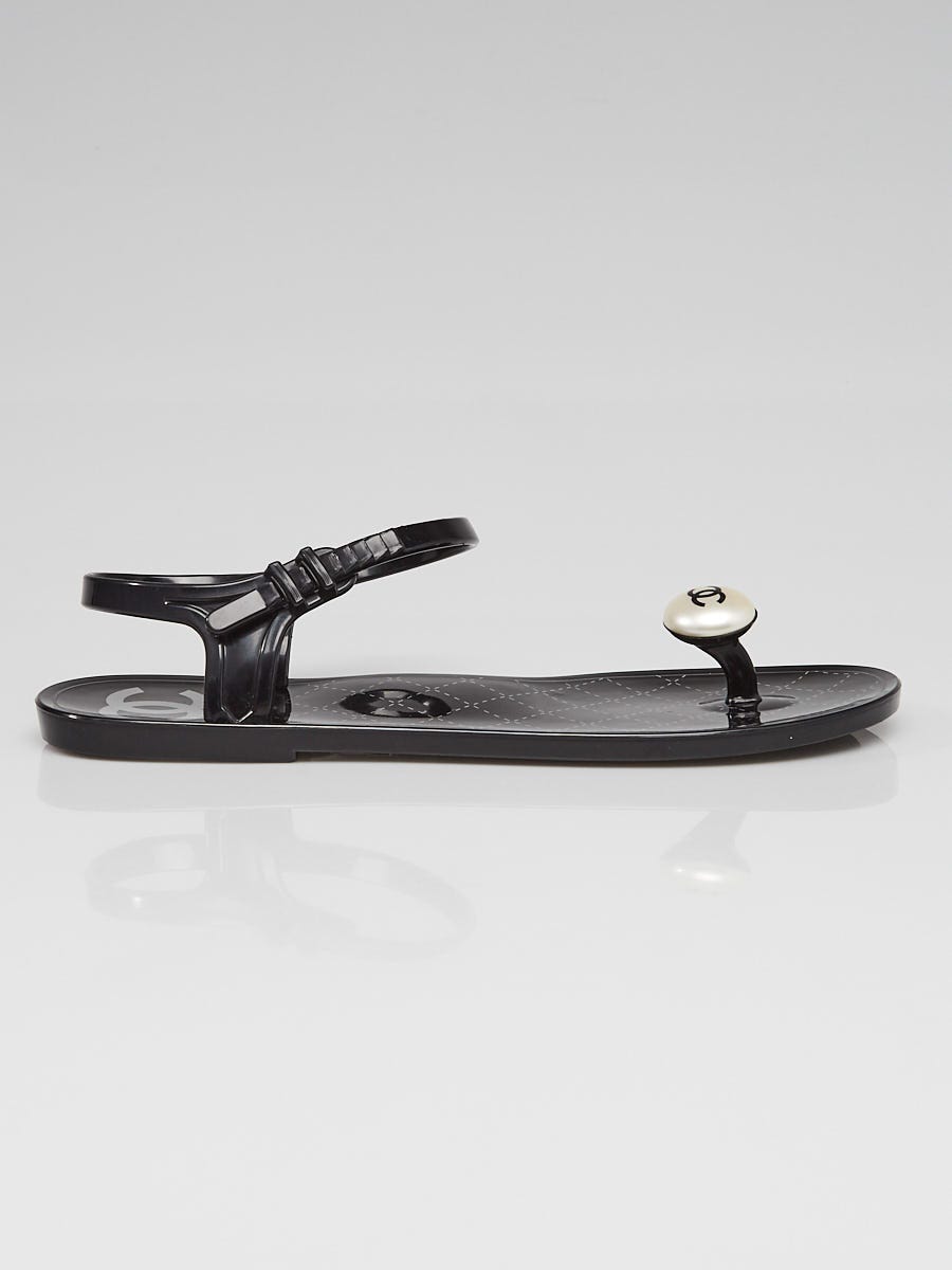 Chanel Black Rubber Jelly Pearl Ankle Strap Sandals Size 8.5/39