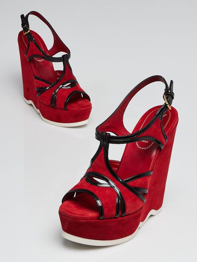 Yves Saint Laurent Red Suede Leather Riviera Wedge Sandals Size 7.5/38