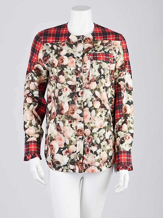 Givenchy Rose Print Cotton and Plaid Wool Button Down Shirt Size 2/36