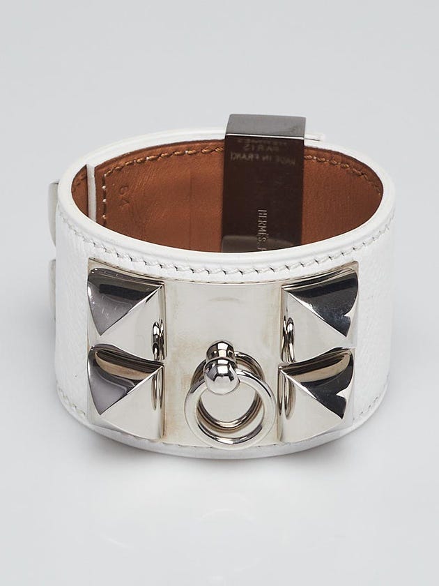 Hermes White Epsom Leather Palladium Plated Collier de Chien Bracelet Size S