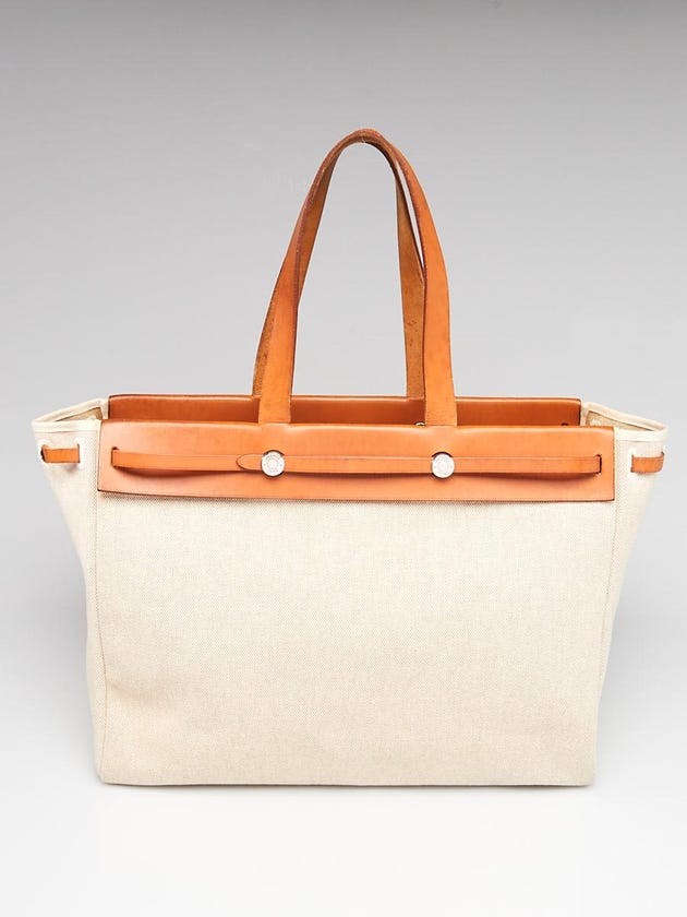 Hermes 40cm Natural Toile and Vache Calfskin Leather Herbag Cabas MM 2-in-1 Tote Bag