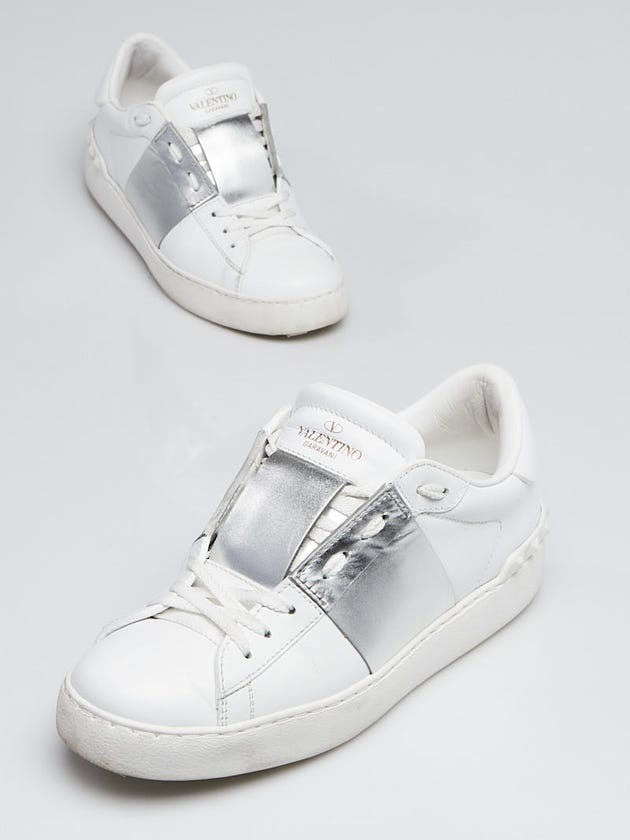 Valentino White/Silver Leather Garavani Rockstud Sneakers Size 5.5/36