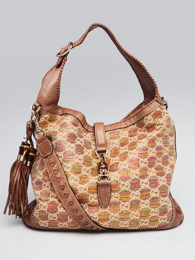 Gucci Mulitcolor GG Woven Straw and Leather Lebeccio New Jackie Large Shoulder Bag
