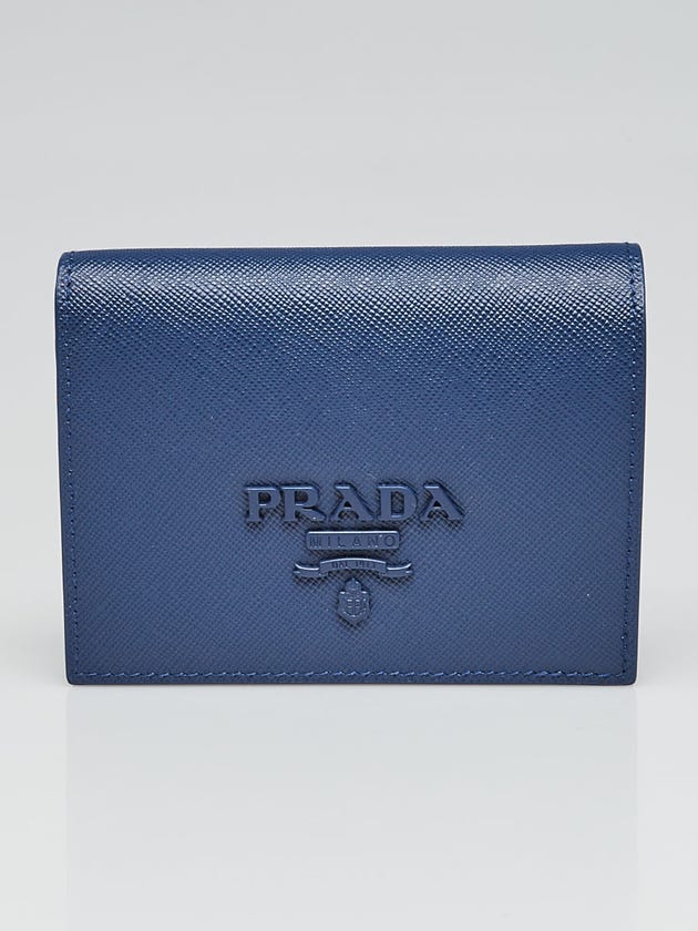 Prada Bluette Saffiano Leather Bi-Fold Compact Wallet