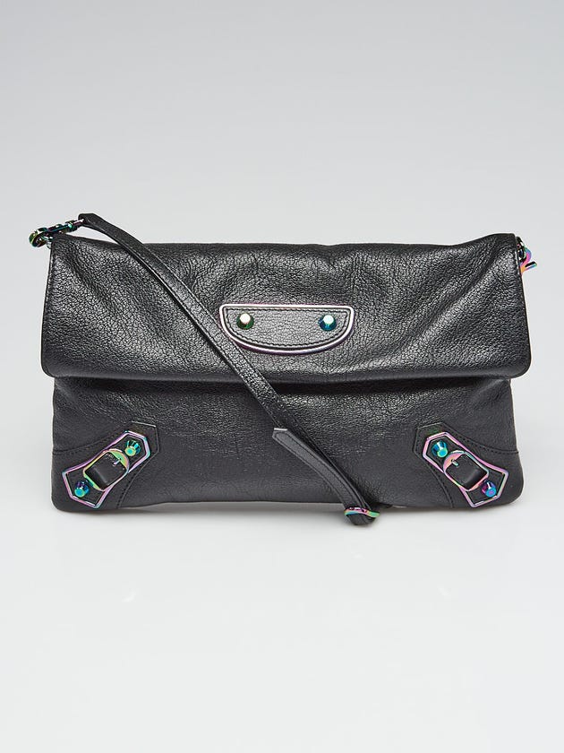 Balenciaga Black Chevre Leather Metallic Edge Envelope Clutch Crossbody Bag w/ Strap