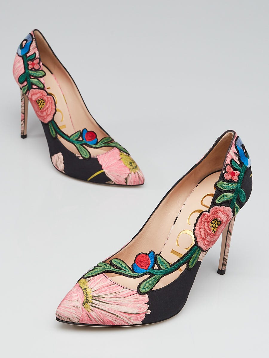 Gucci Pink Flora Print Canvas Embroidered Ophelia Pumps Size
