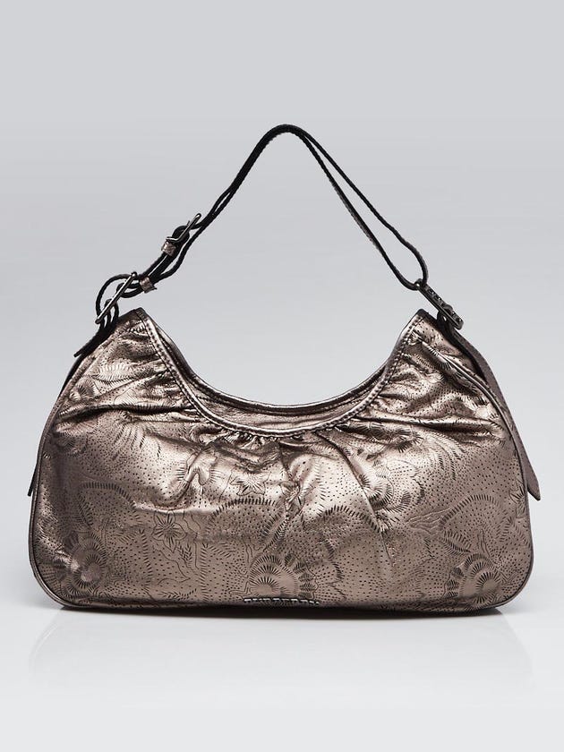 Burberry Metallic Silver Floral Perforated Leather Avondale Hobo Bag