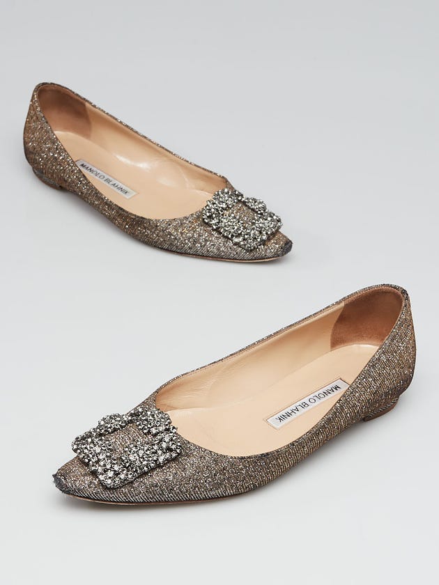 Manolo Blahnik Gold Jacquard Fabric Hangisi Ballet Flats Size 4/34.5