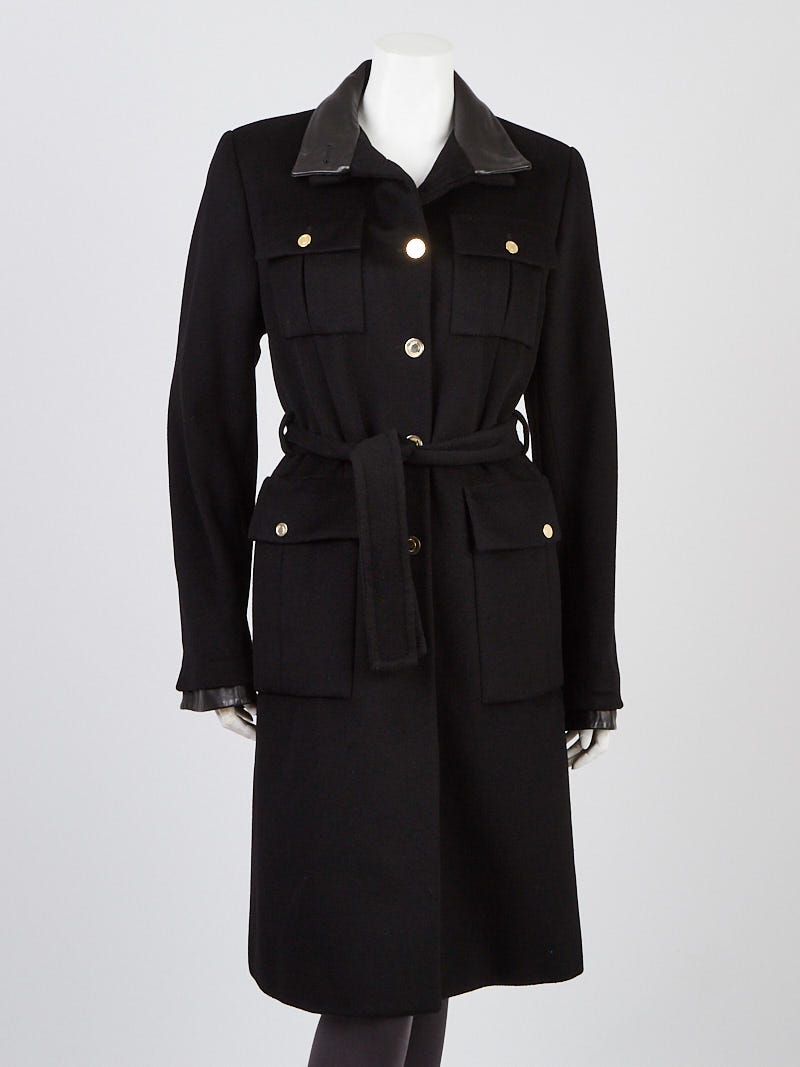 Gucci Black Wool/Cashmere Blend and Leather Trim Long Coat Size 10/44