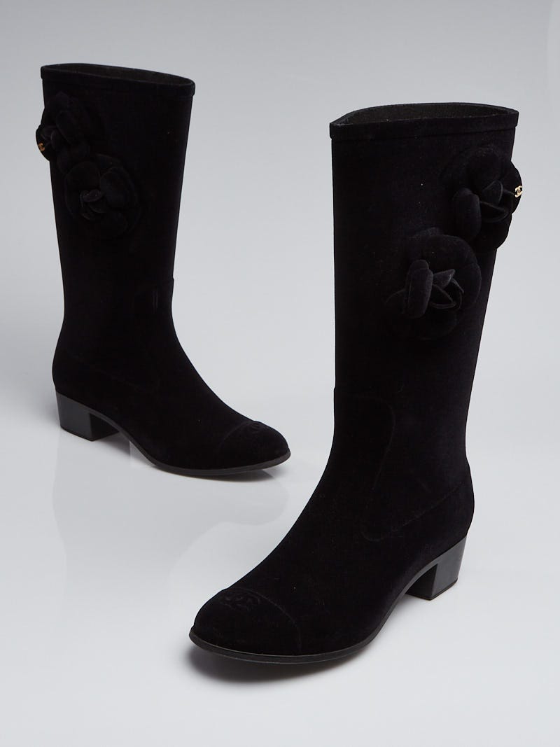 Chanel Black Velvet Camellia Flower Rain Boots Size /37 - Yoogi's Closet