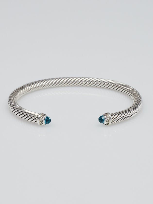 David Yurman 5mm Sterling Silver and Blue Topaz with Diamonds Cable Classics Bracelet