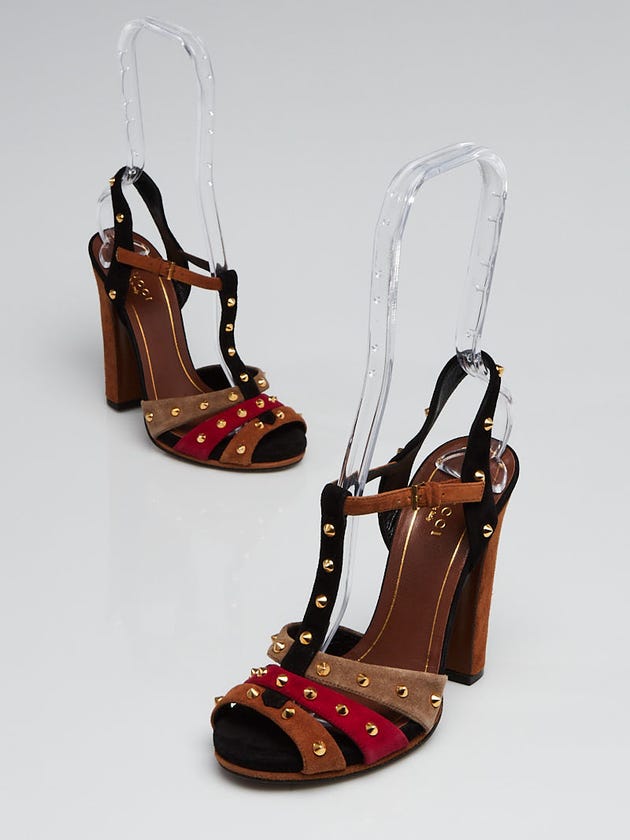 Gucci Multicolor Suede Leather Studded Jacquelyne T-Strap Sandals Size 4.5/35