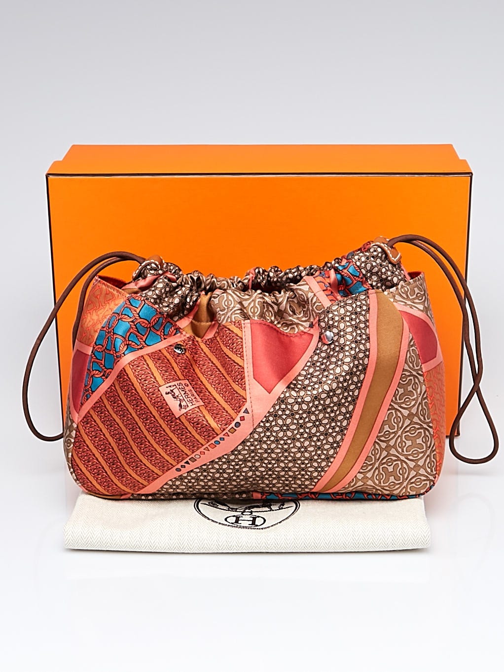 Hermes Orange/Brown Printed Silk Silky City Bag - Yoogi's Closet
