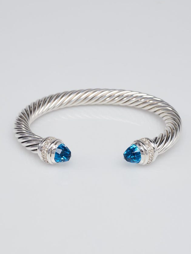 David Yurman 7mm Sterling Silver and Blue Topaz with Diamonds Cable Classics Bracelet
