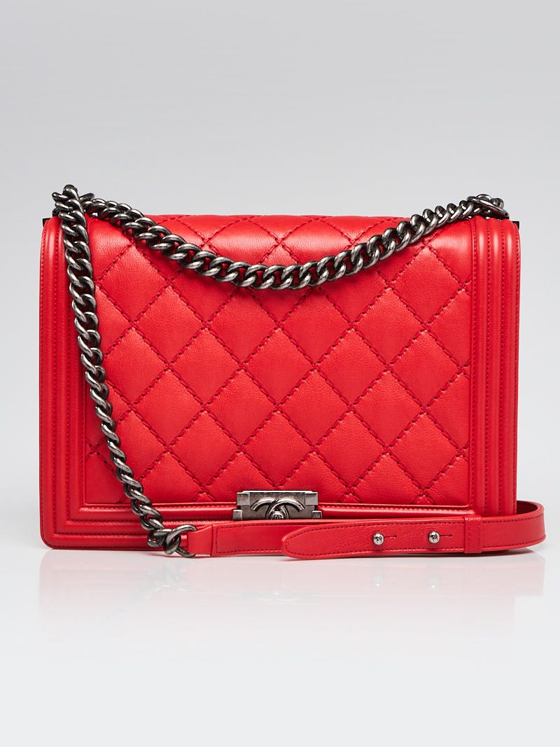 Chanel Red Diamond Stitch Calfskin Leather Large Boy Bag