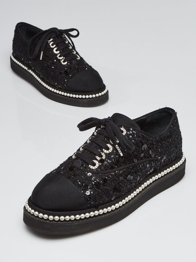 Chanel Black Sequin and Faux Pearl Platform Sneakers Size 6.5/37