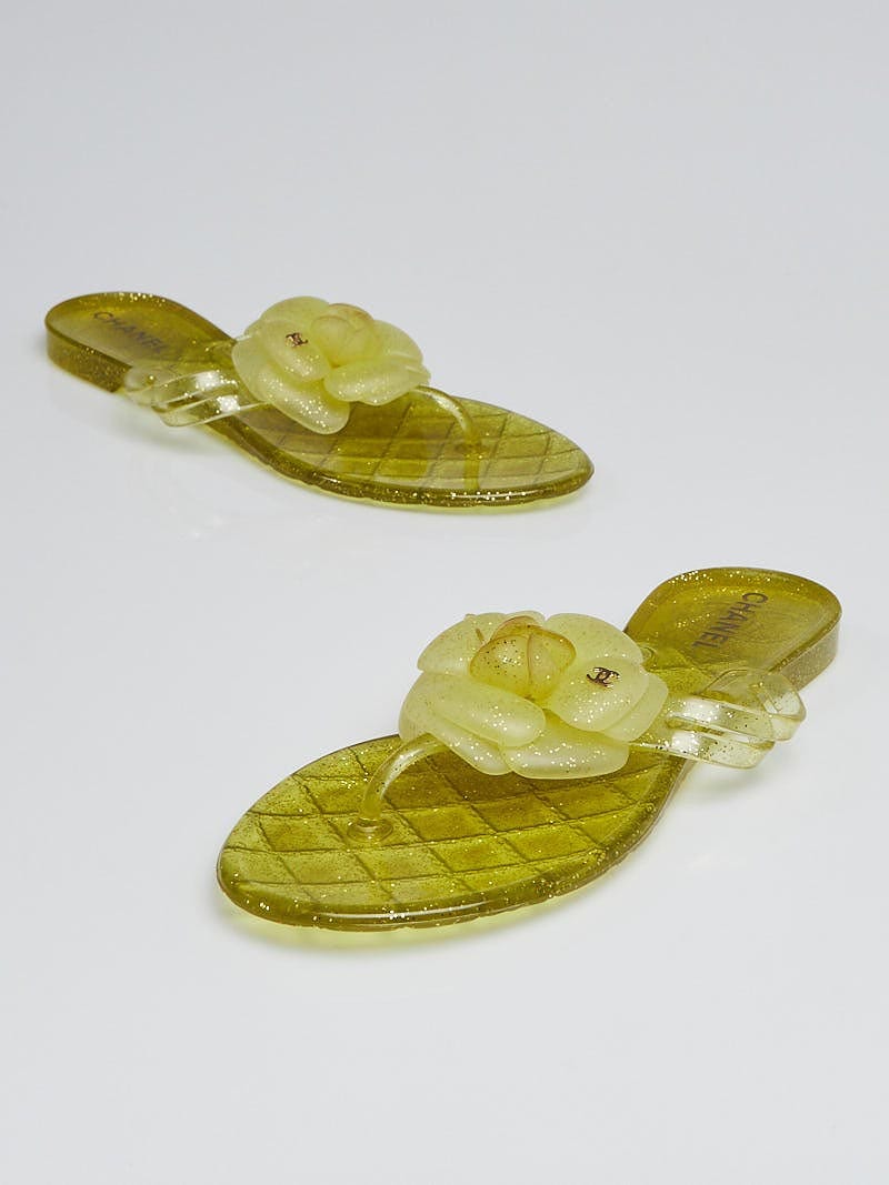 Chanel Lime Green Glitter Rubber Jelly Camellia Flat Thong Sandals