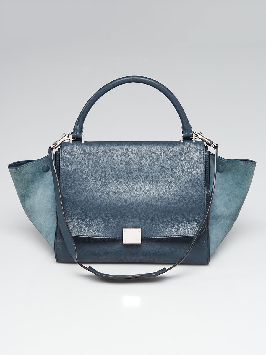 Celine Blue Pebbled Calfskin Leather and Suede Medium Trapeze Bag