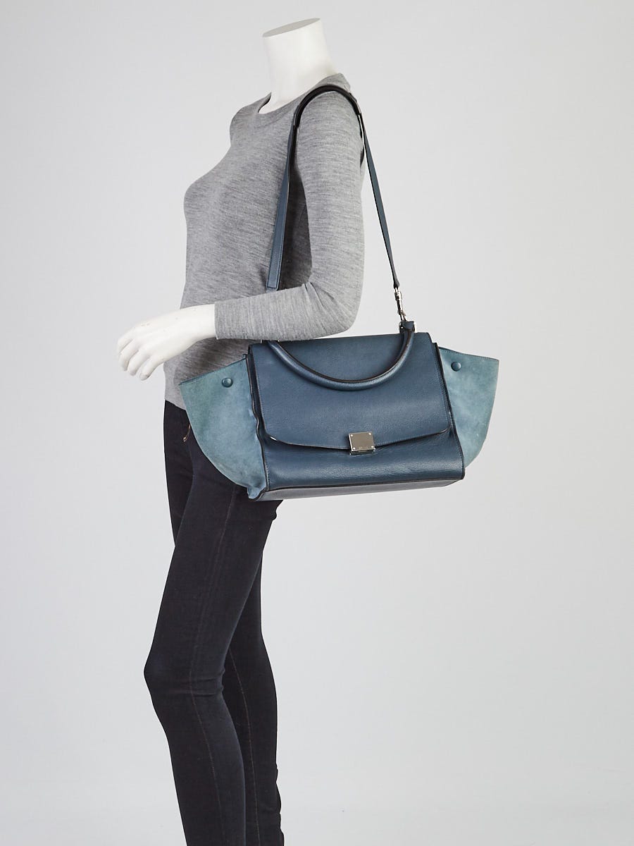 Celine Blue Pebbled Calfskin Leather and Suede Medium Trapeze Bag