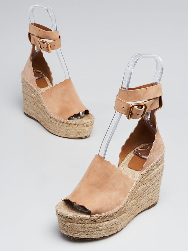 Chloe Beige Leather Platform Espadrille Wedge Sandals Size 4.5/35