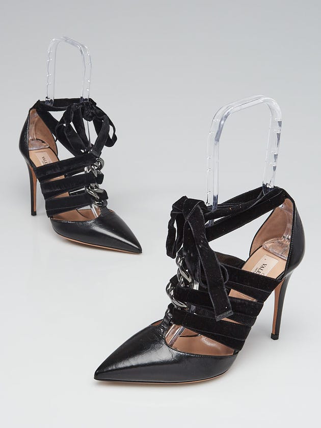 Valentino Black Distressed Leather and Velvet Lace Up Pumps Size 7.5/38