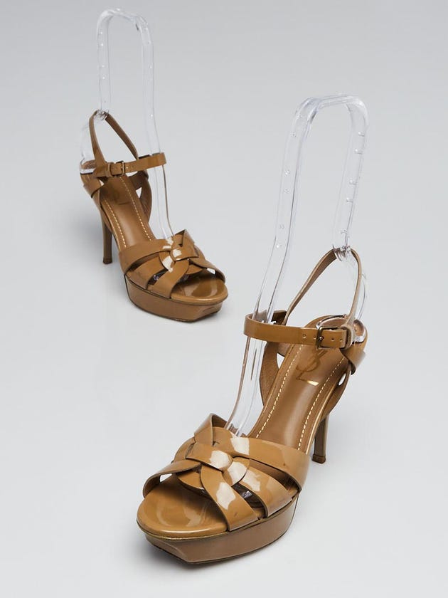 Yves Saint Laurent Dark Beige Patent Leather Tribute 75 Sandals Size 6.5/37