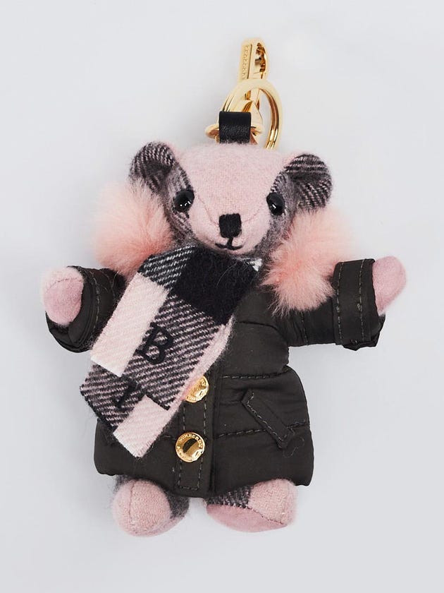 Burberry Ash Rose Check Cashmere Shearling Trimmed Puffer Jacket Thomas Bear Charm