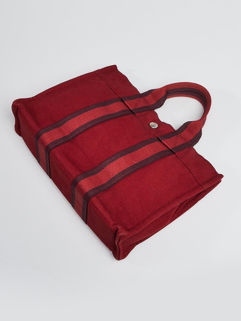Hermes Fourre Tout Canvas Tote Bag Handbag Satchel Burgundy Red