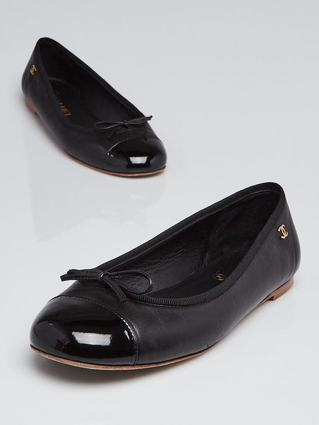 Chanel Black Lambskin Leather and Patent Leather Cap Toe Ballet Flats Size 6.5/37