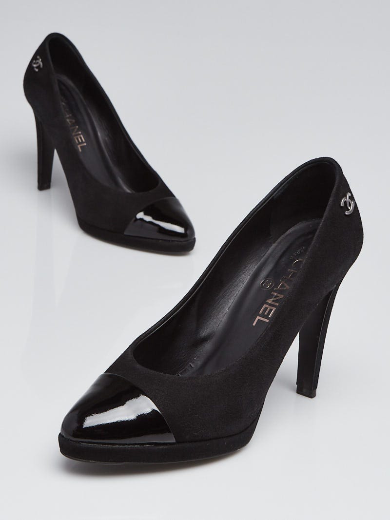 Chanel Black Suede and Leather Pointed Cap-Toe CC Pumps Size 8