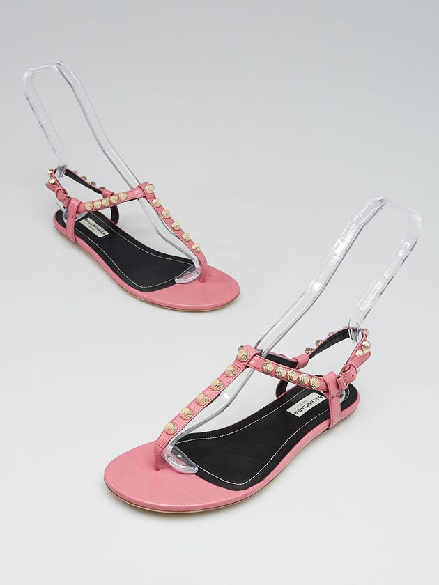 Balenciaga Pink Leather Gold Studded T-Strap Sandals Size 8.5/39