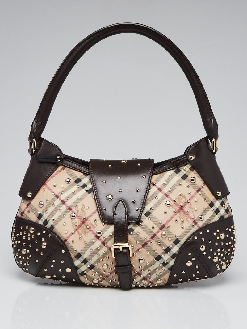 【送料&関税込】Burberry Camel Suede Hebden Handbag Burberry Brown Leather Haymarket Check Coated Canvas Studded