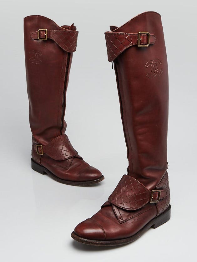 Chanel Brown Leather Knee-High Flat Buckled Polo Riding Boots Size 8.5/39