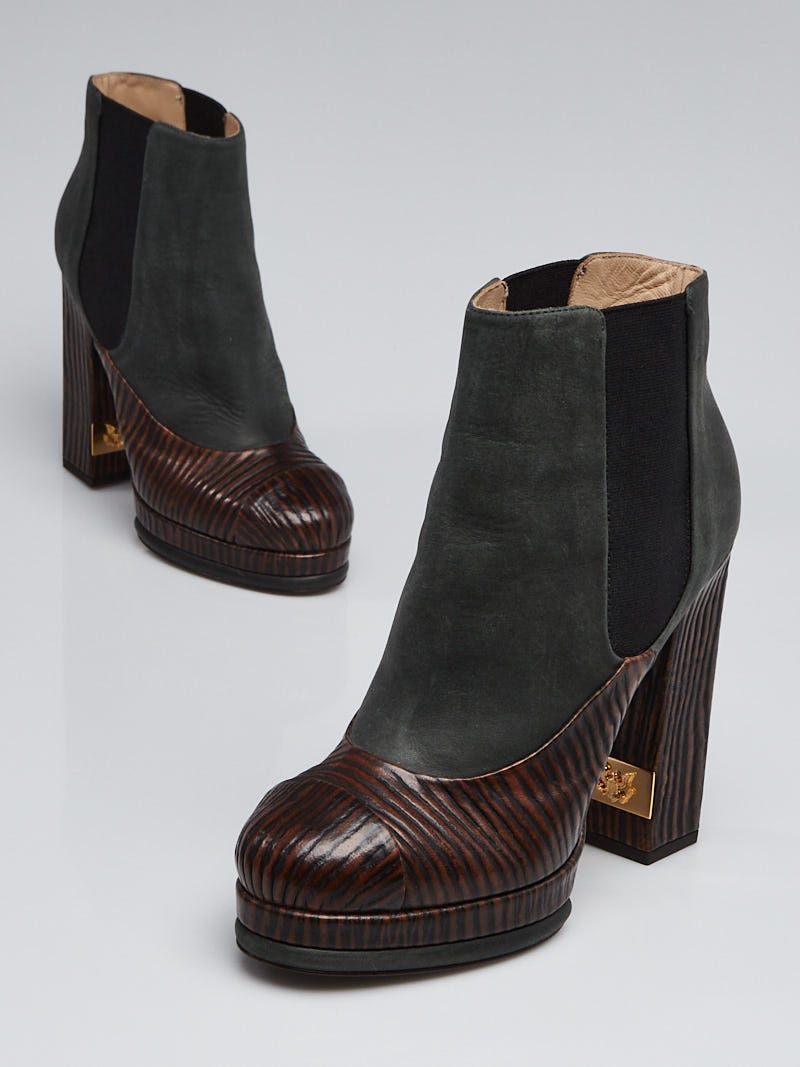 Chanel Wood Effect Leather and Grey Nubuck Platform Ankle Boots
