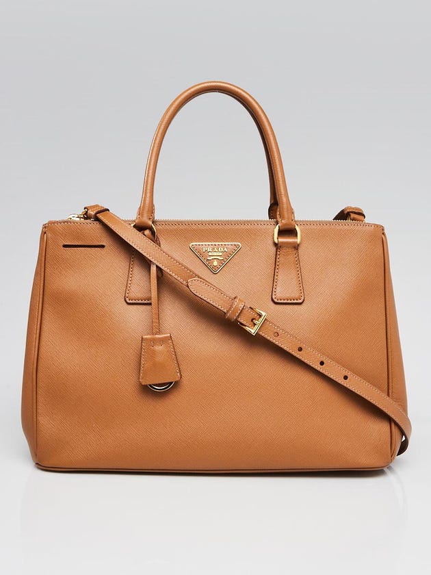 Prada Caramel Saffiano Lux Leather Medium Double Zip Tote Bag BN2274