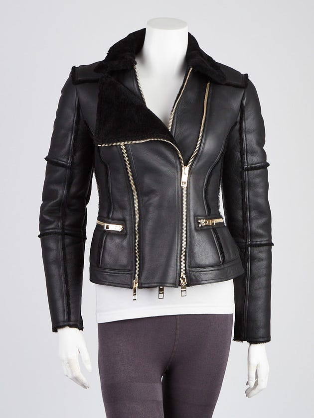 Burberry Black Leather and Shearling Moto Jacket Size 4/38