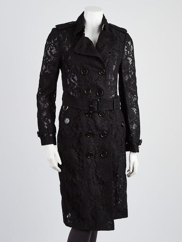 Burberry London Black Cotton Blend Lace Trench Coat Size 4/38