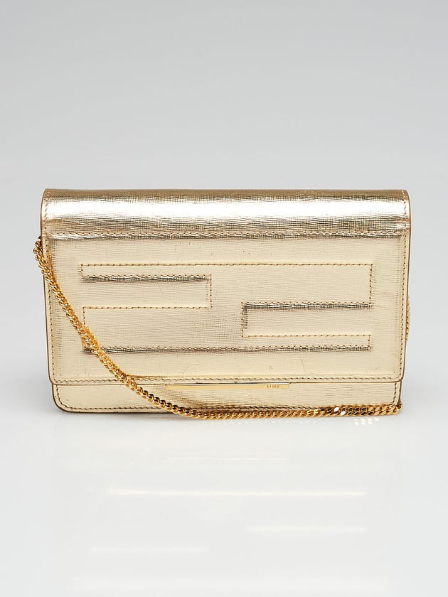 Fendi Gold Nappa Leather Tube Wallet on Chain Clutch Bag 8M0346