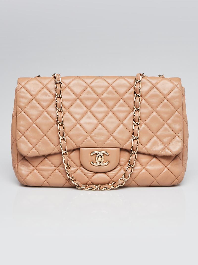 Chanel Beige Quilted Washed Lambskin Leather Classic Jumbo Single