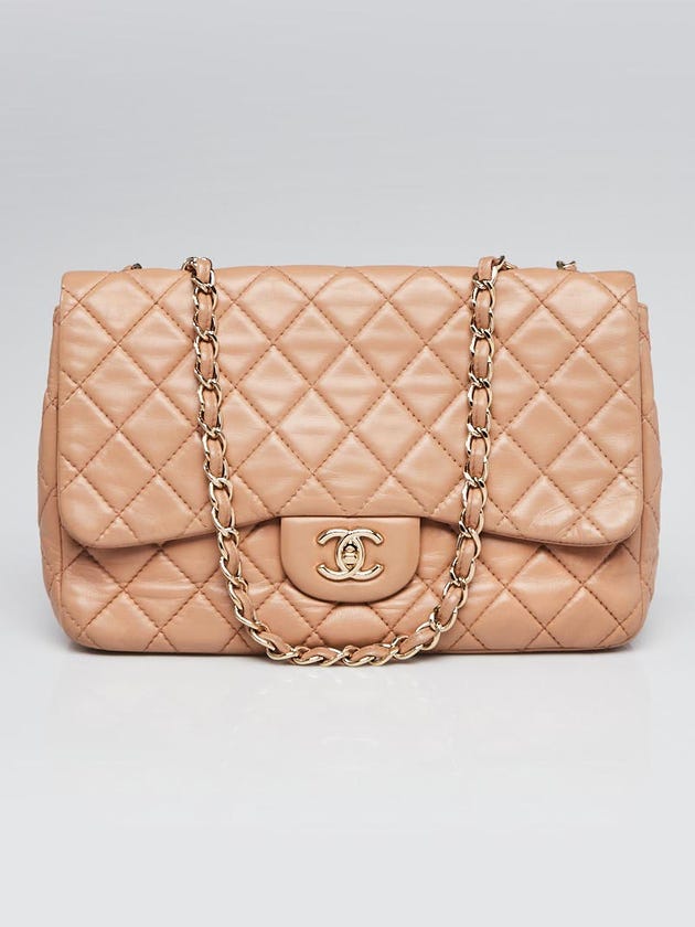 Chanel Beige Quilted Washed Lambskin Leather Classic Jumbo Single Flap Bag