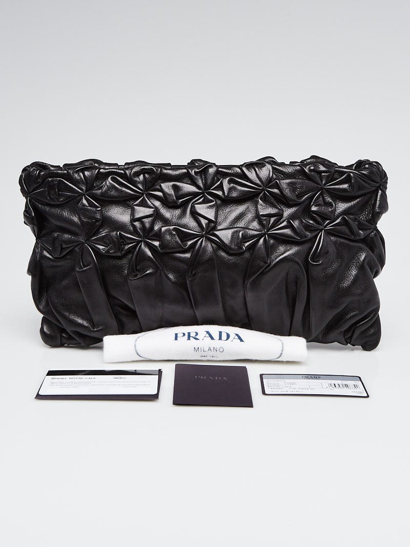 Prada Black Royal Calfskin Leather Diamond Pleated Pochette Clutch