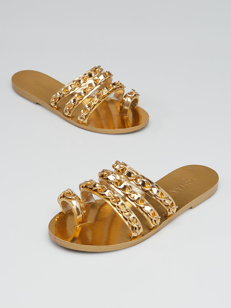 Chanel Goldtone Leather and Chain Sandals Size 6/36.5 - Yoogi's Closet
