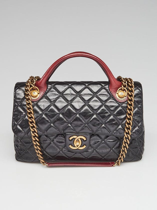 Chanel Black Quilted Glazed Calfskin Leather Medium Castle Rock Top Handle Bag 